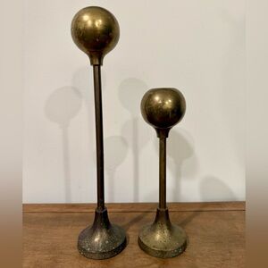 Two Vintage Mid-Century Modern Brass Ball Top Candlestick Holders
